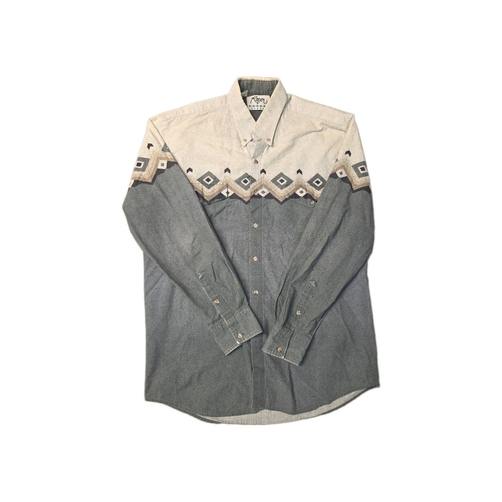 Roper Western Green Size L Geometric Long Sleeve Button Down Shirt